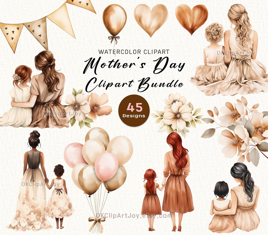 Watercolor Mother's Day Clipart: Neutral Mom and Me PNG Set (45 Designs ...