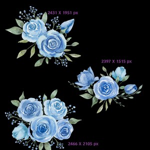 May include: Three watercolor illustrations of blue rose bouquets with green leaves and stems. The bouquets are arranged in a cluster of flowers.
