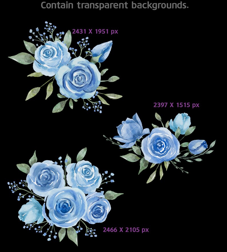 May include: Three watercolor illustrations of blue rose bouquets with green leaves and stems. The bouquets are arranged in a cluster of flowers.