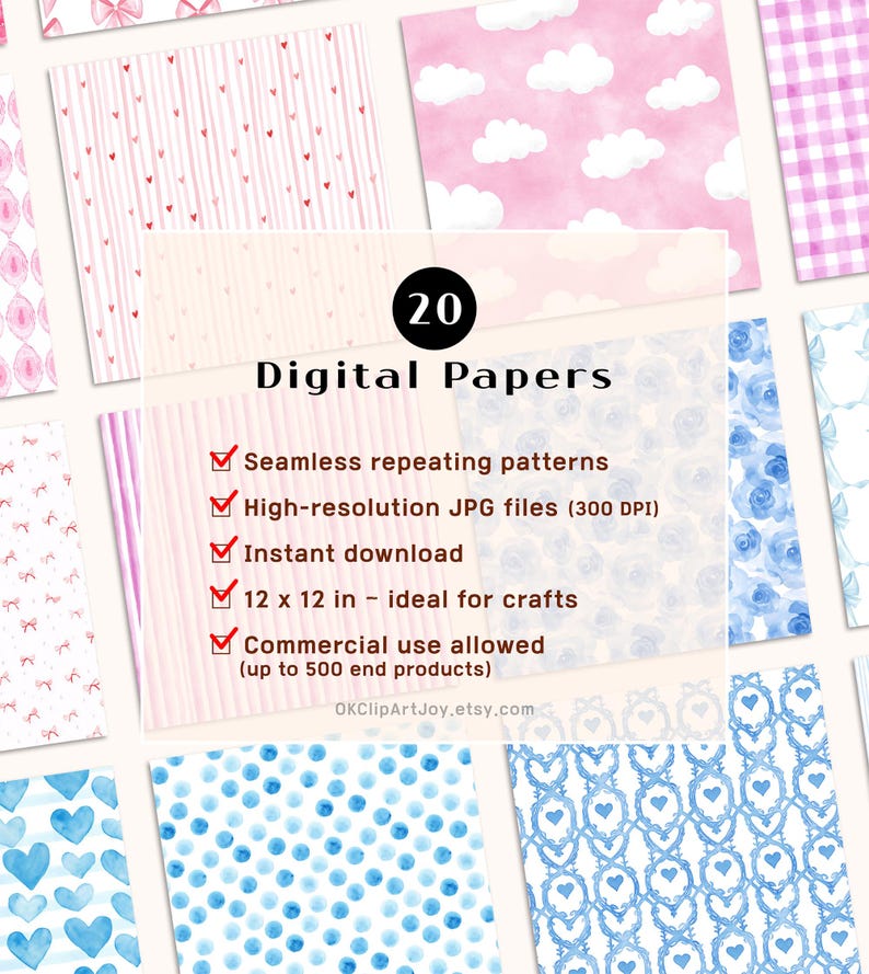 Valentine Digital Paper Pack – Pink Blue Watercolor Seamless Patterns ...