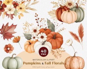 Pumpkins and Wildflowers Watercolor Autumn Clipart, Rustic Fall Floral Bouquets, Pumpkin PNG Bundle, Terracotta Flowers, Cozy Fall Decor