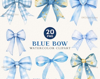 Blue Bows PNG: Coquette Watercolor Clipart (20 Files)