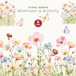Aquarel bloemen clipart - roze en pastel bloemen PNG - wilde bloemen bloemen clipart - bloemenrand set - bruiloft - vlinder clipart png