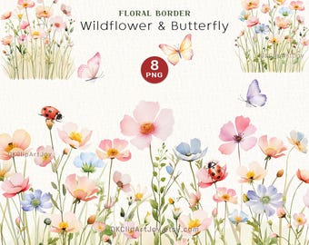 Clipart floreale ad acquerello - Fiori rosa e pastello PNG - Clipart floreale di fiori di campo - Set di bordi floreali - Matrimonio - Clipart farfalla png