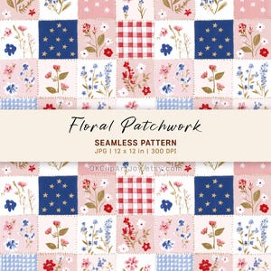 May include: Floral patchwork seamless pattern in a repeating square design. The pattern features squares of pink, red gingham, blue with white stars, and floral arrangements. The text "Floral Patchwork" is displayed.