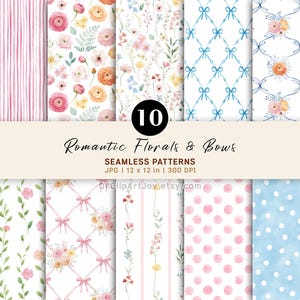 Könnte beinhalten: Zehn nahtlose Muster mit floralen und Schleifen-Designs. Die Muster umfassen rosa Streifen, Blumenarrangements und Schleifenmotive in Blau und Gelb. Der Bildtext lautet "Romantic Florals & Bows". Jedes Muster ist 30,48 x 30,48 cm groß.