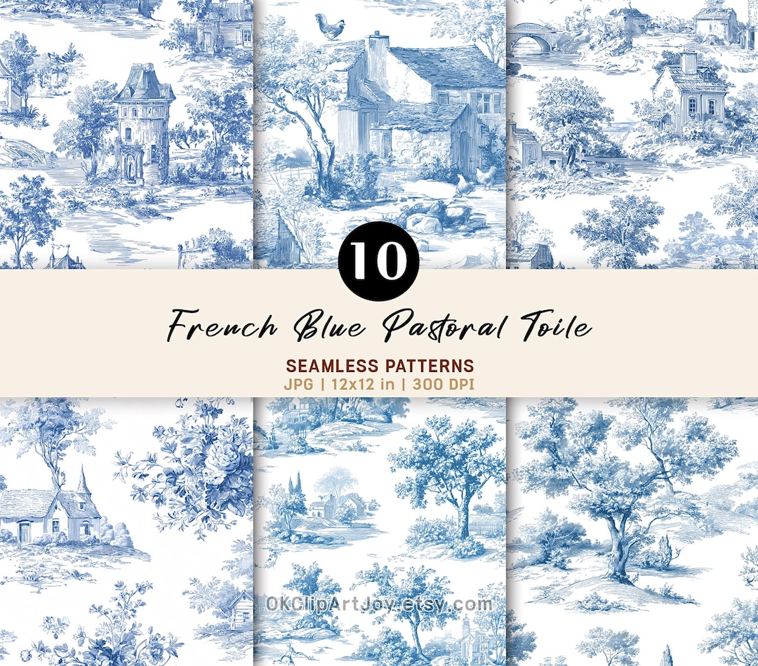 French Patterns French Blue Toile Seamless Patterns JPG – Vintage Farm Florals, Digital ...