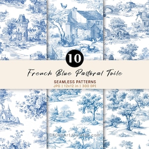 Puede incluir: Una colección de diez patrones sin costuras con un diseño de toile pastoral azul francés. Los patrones representan escenas rurales con casas, árboles y figuras en una combinación de colores azul y blanco clásica. La imagen incluye el texto "French Blue Pastoral Toile".