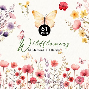 Imágenes prediseñadas florales de flores silvestres de acuarela, borde de flores de primavera, imágenes prediseñadas de invitación de boda, png de mariposa, imágenes prediseñadas de Boho Planner, PNG botánico