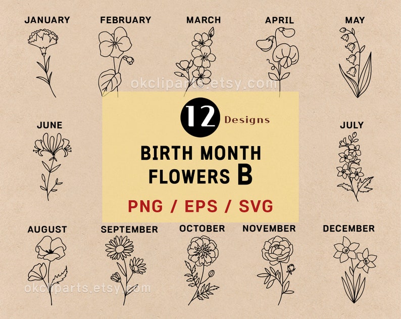 Birth Flower SVG, Svg Bundle Set, Birth Month Flower, Poppy Svg, Birth Flower Png, Logo Label Design, Floral Line Art EPS, Birthday svg Boho