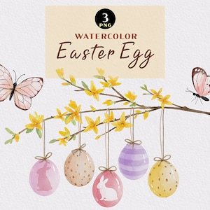 Clipe de ovo de Páscoa, Forsythia amarela, Clipe de arte digital, Clipe de Páscoa pastel, Páscoa em aquarela, Decoração de Páscoa feliz, Ovos decorativos, Cartão