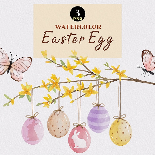 Easter Egg Clipart, Yellow Forsythia, Digital Clip art, Pastel Easter Clipart, Watercolor Easter, Happy Easter Decor, Decorative Eggs, Card