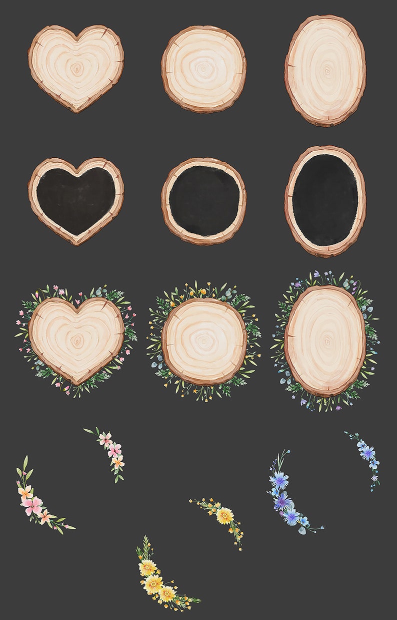 May include: Set of watercolour illustrations of wood slices with and without floral wreaths. The wood slices are in heart and round shapes. The floral wreaths are in pink, yellow, and blue.