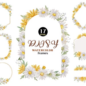 May include: 17 watercolor frames featuring daisy flowers in shades of white and yellow. The frames are in various shapes, including circles, ovals, hexagons, and diamonds. The frames are perfect for adding a touch of nature to your designs.