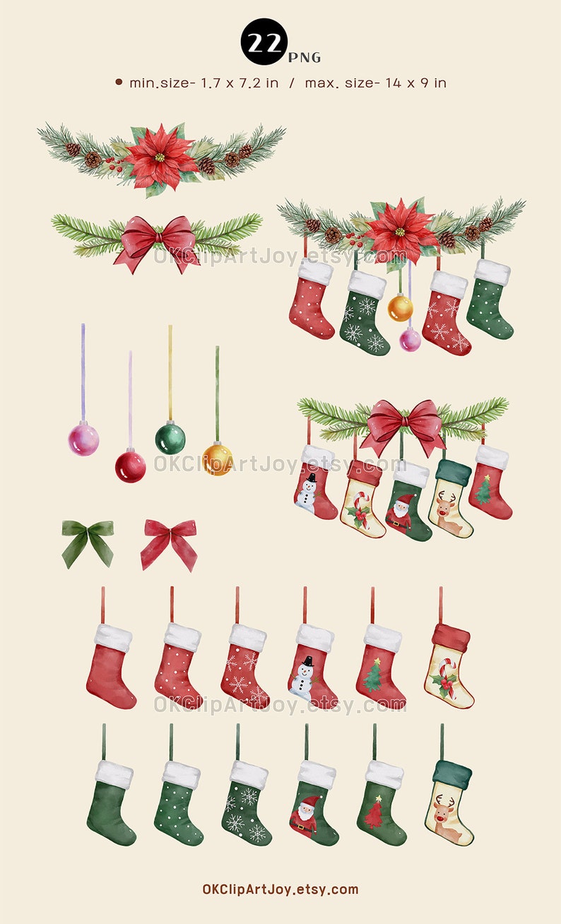 Christmas stocking clipart, Christmas clipart, Watercolor christmas, Traditional xmas, Sublimation ornament, Sublimation designs, Santa clipart bundle, Stocking elements, Stocking names, Christmas botanical, Winter greenery, Christmas flower png