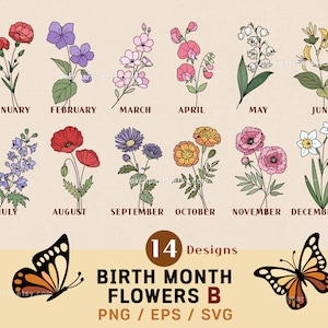 Fleur de mois de naissance, fleur de naissance SVG, tatouage de fleur de naissance, conception de tatouage, fleurs sauvages Svg bouquet de fleurs collier de fleurs botanique Svg Bundle