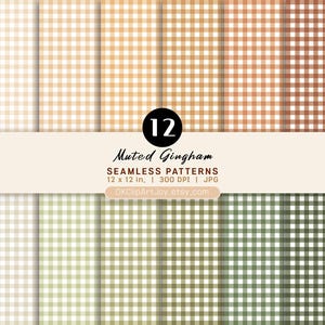 May include: A collection of 12 seamless gingham patterns in various muted shades of beige, brown, and green. The image features a central label with the text 12 Muted Gingham SEAMLESS PATTERNS 12 x 12 in. 300 DPI JPG OKClipArtJoy.etsy.com.