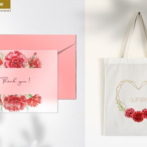 May include: A pink card with a watercolor floral design of red carnations and the text "Thank you!"  A pink envelope is next to the card. A white tote bag with a gold geometric heart design and the word "Love" inside the heart. The heart is surrounded by red carnations.