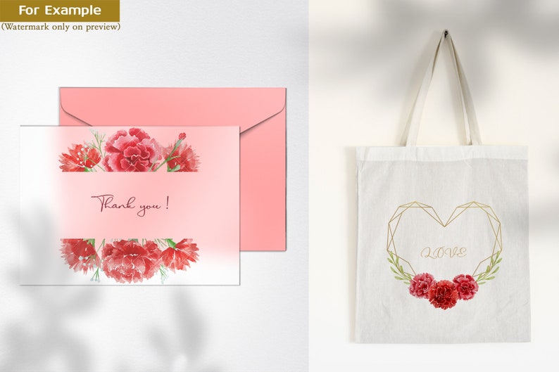 May include: A pink card with a watercolor floral design of red carnations and the text "Thank you!"  A pink envelope is next to the card. A white tote bag with a gold geometric heart design and the word "Love" inside the heart. The heart is surrounded by red carnations.