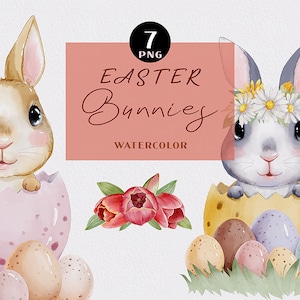 Ostern Clip Art, Hase Aquarell, Kinderzimmer Kunst, Aquarell Hase Clipart, Boho Natur Kunst Blumen Sticker Tulpen und Daisies Kleine Tiere