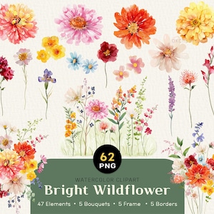 Clipart lumineux de fleurs sauvages - Aquarelles vives de fleurs, bouquets, cadres, bordures PNG pour le printemps et l'été, invitations, cartes, impressions