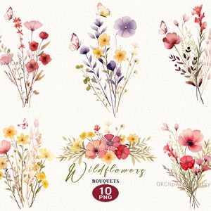 Campo Flores Bouquet Clipart png, flores silvestres clipart aquarela png, flores da primavera, floral delicado delicado, convite de clipart digital
