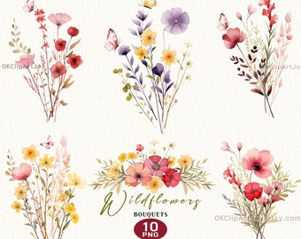 Field Flowers Bouquet Clipart png, Wildflowers watercolor clipart png, Spring flowers, Dainty delicate floral, Digital Clip Art Invitation