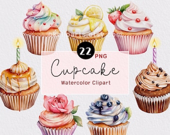 Imágenes prediseñadas de cupcakes de acuarela, imágenes prediseñadas de repostería, imágenes prediseñadas de comida, imágenes prediseñadas de postres, imágenes prediseñadas de dulces, tarjetas de cumpleaños, imágenes prediseñadas de fiestas, pegatinas de cupcakes