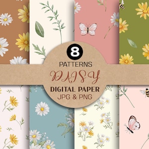 Papier numérique floral, PNG tissu floral, motifs sans couture, motifs de marguerites, fond floral, papier de scrapbooking, aquarelle de marguerite