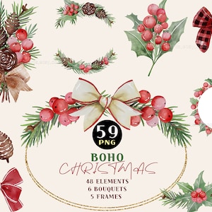 Boho clipart de Natal, Buquês de Natal, Natal em aquarela, Natal clássico, Botânico de Natal, Vegetação de inverno, Clipart de feriado