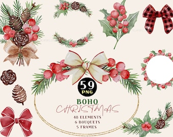 Boho jul clipart, Julbuketter, Akvarell jul, Klassisk jul, Julbotanisk, Vintergrönsak, Högtidsclipart