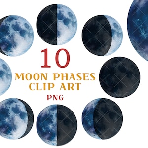 Watercolor Moon Phases, Lunar Chart Clip Art, Moon Art, Digital Download Moon Chart Lunar Phases, Full Moon Watercolor Lunar Clip Art Galaxy
