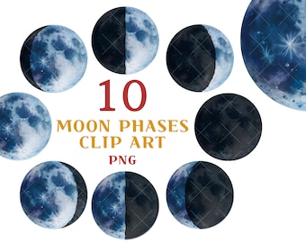 Watercolor Moon Phases, Lunar Chart Clip Art, Moon Art, Digital Download Moon Chart Lunar Phases, Full Moon Watercolor Lunar Clip Art Galaxy