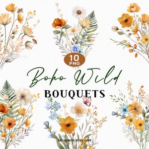 Boho Wildblumen PNG, Aquarell Wildblumen, Aquarell Blume Pclipart, Wildblumensträuße, Boho Blume Blume Clipart, Hochzeit im Herbst