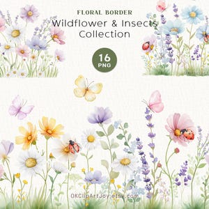Könnte beinhalten: Aquarellillustration eines floralen Borders mit Wildblumen und Insekten. Das Bild zeigt Gänseblümchen, Lavendel und Schmetterlinge in Rosa-, Gelb- und Blautönen. Der Text lautet "FLORAL BORDER Wildflower & Insects Collection 16 PNG".