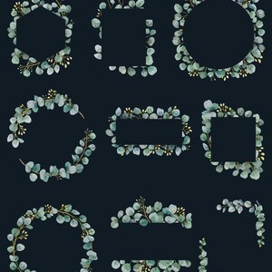 May include: A set of 10 watercolor eucalyptus wreaths and frames in shades of green with gold accents. The frames are in various shapes, including circles, squares, and rectangles. The wreaths and frames are perfect for adding a touch of greenery to your designs.