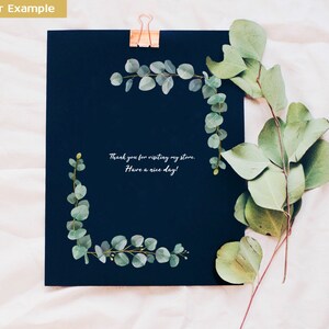 May include: A dark blue card with a white border and a eucalyptus wreath design. The card has the text "Thank you for visiting my store. Have a nice day!" written in white.