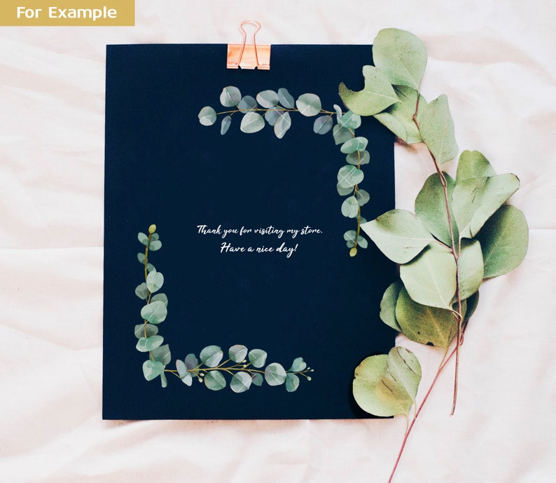 May include: A dark blue card with a white border and a eucalyptus wreath design. The card has the text "Thank you for visiting my store. Have a nice day!" written in white.