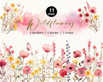 Op de afbeelding: Een digitale download van 11 aquarel wilde bloemen PNG-afbeeldingen. De afbeeldingen omvatten 5 boeketten, 5 randen en 1 vorm. De bloemen zijn roze, rood en geel met groene bladeren en stengels. De achtergrond is een aquarel was in roze.