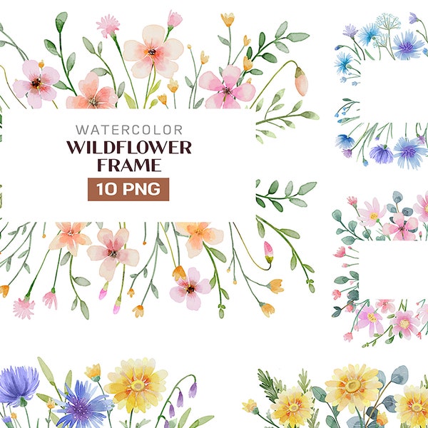 Watercolor Floral Frame, Wild Flowers,Wildflowers Frame Clipart Floral Meadow Flower Summer Field Spring Garden Botanical Wedding Decor boho