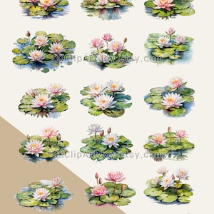 Watercolor Lotus Clipart, Water Lilies, Lotus flower Art, Lotus green leaves PNG, Floral Digital Download, Yoga graphics, Flower invitations
