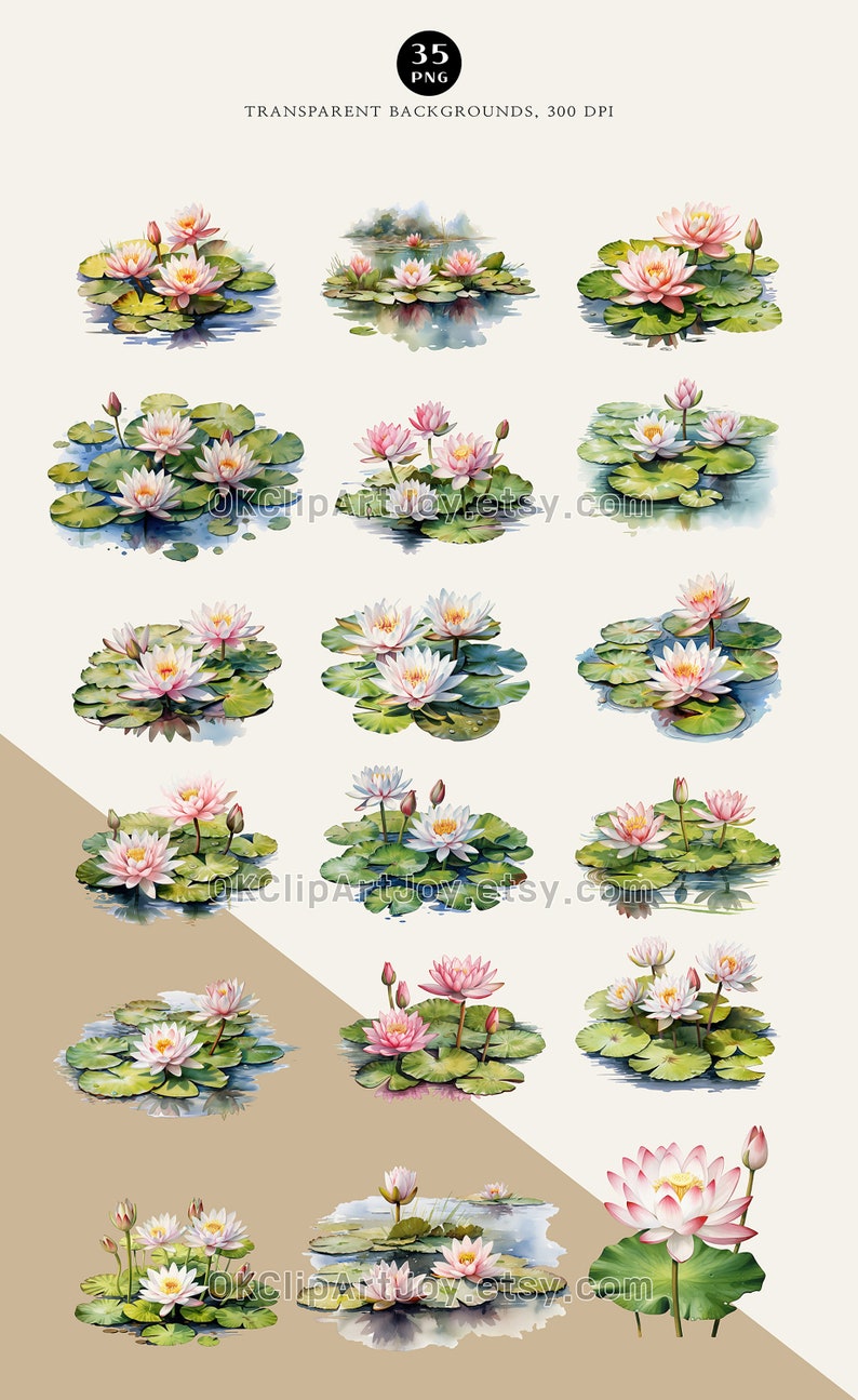 Watercolor Lotus Clipart, Water Lilies, Lotus flower Art, Lotus green leaves PNG, Floral Digital Download, Yoga graphics, Flower invitations