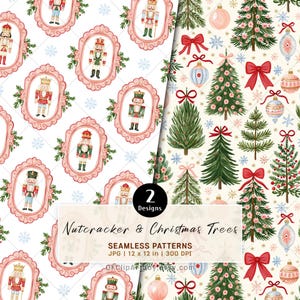 May include: Two seamless digital patterns featuring watercolor illustrations. One pattern displays nutcrackers in ornate pink frames with snowflakes. The second pattern shows Christmas trees, red bows, and ornaments on a cream background.