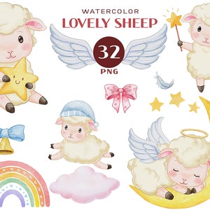 Baby Schaf, Aquarell Clip Art, Engel Tiere, Kinder Clipart Kinderzimmer Dekor Urlaub Clipart Wolke Mond Stern niedliche Tier Baby Party Einladung