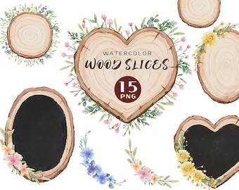 Watercolor Wooden Slices, Floral Frames, Wood Slices, Wild Flowers Card, Spring Garden, Greenery Holiday Clipart Botanical Frames Invitation