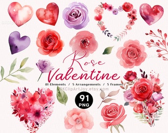 Watercolor Valentine Flower png, Valentine clipart, Heart clipart, Rose clipart, Boho Valentine PNG, Love clipart, Valentineday Heart wreath