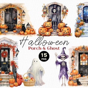Paquete de imágenes prediseñadas de Halloween en acuarela para porche, decoración de Halloween, imágenes prediseñadas espeluznantes, gráficos imprimibles, fantasma lindo png, gráficos imprimibles