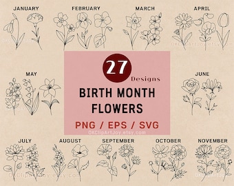 Birth Month Flower, Birth Flower SVG, Poppy Svg, Morning Glory Svg, Birth Flower Png, Svg Bundle Set, Logo Label Design, Floral Line Art EPS