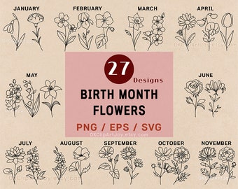 Birth Month Flower, Birth Flower SVG, Poppy Svg, Morning Glory Svg, Birth Flower Png, Svg Bundle Set, Logo Label Design, Floral Line Art EPS