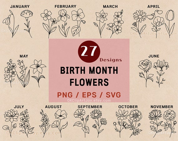 Birth Month Flower, Birth Flower SVG, Poppy Svg, Morning Glory Svg, Birth Flower Png, Svg Bundle Set, Logo Label Design, Floral Line Art EPS
